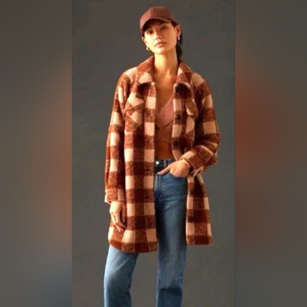 GREYLIN ANTHROPOLOGIE Women’s M Brown Plaid Long Heavyweight Shacket Jacket